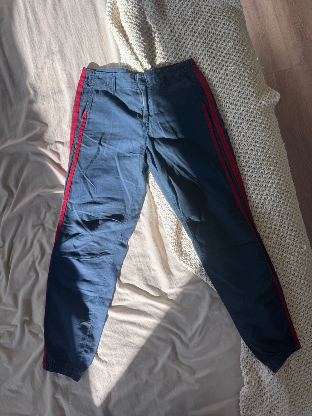 MOTHER Navy Track Joggers with Red Side Stripes